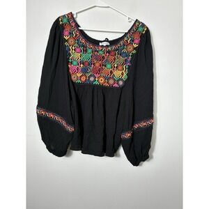 Ivy May Boho Embroidered‎ Peasent Top Sz Large Black Balloon Sleeve Gauzy